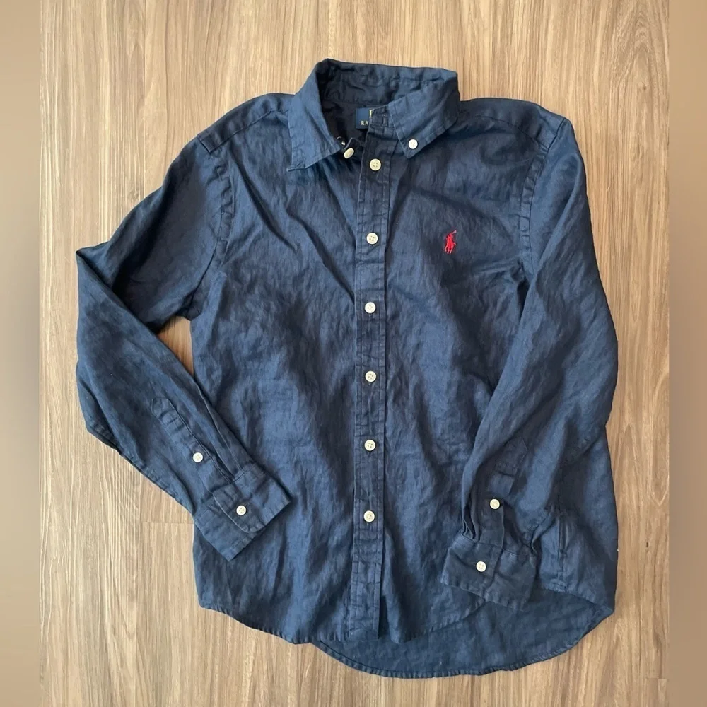 Polo Ralph Lauren Boys Newport Navy linen button down long sleeve shirt size M